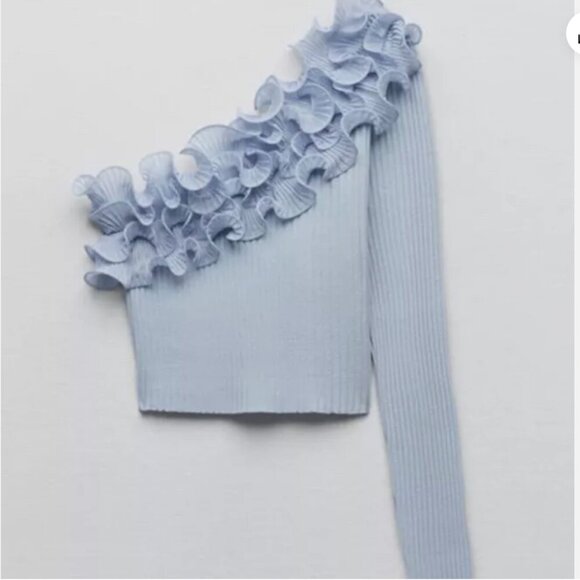 ZARA Flower Top Knit Blouse One Sleeve Asymmetric Top Size L ,Color Blue NWT - Picture 6 of 16